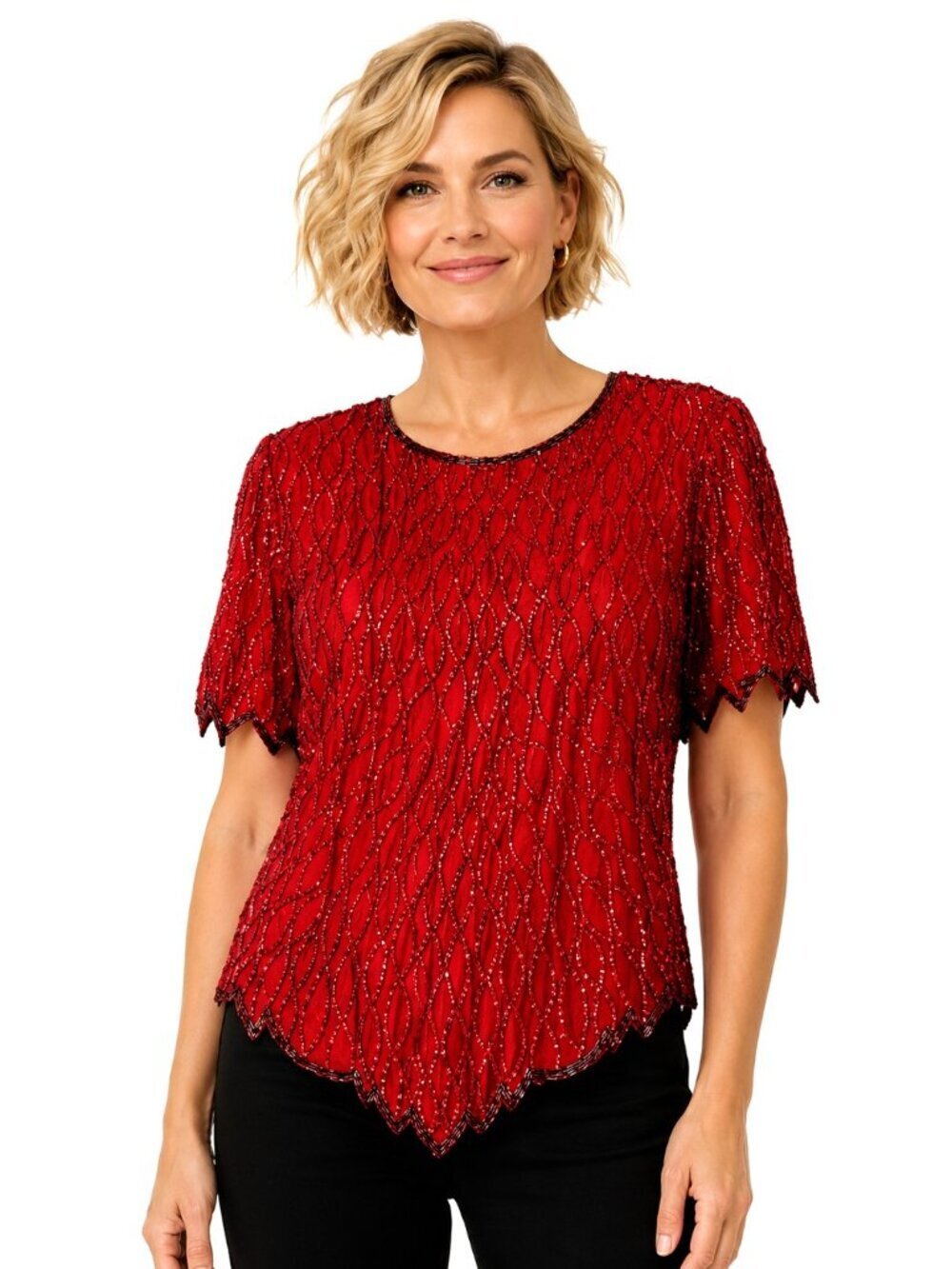 Laurence Kazar Red Sequin Beaded Silk Top